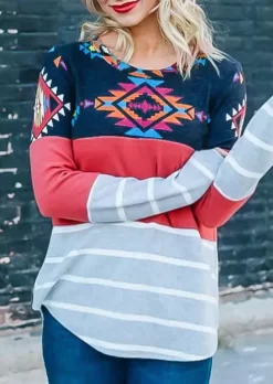 Aztec Geometric Striped Long Sleeve Blouse