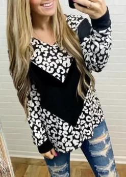 Leopard Splicing Long Sleeve V-Neck Blouse - Black