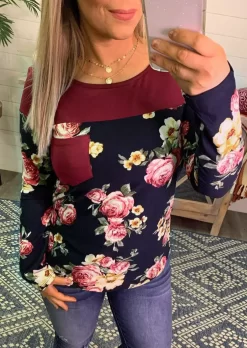 Floral Pocket Splicing Long Sleeve Blouse