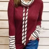 Striped Splicing Drawstring Long Sleeve Blouse - Burgundy -Garment Sale Store 517416 1 10198999 124
