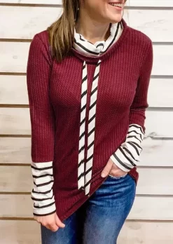 Striped Splicing Drawstring Long Sleeve Blouse - Burgundy