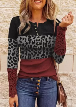Lace Leopard Splicing Color Block Button Blouse