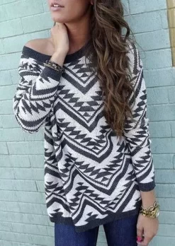 Aztec Geometric Western Long Sleeve Blouse - White