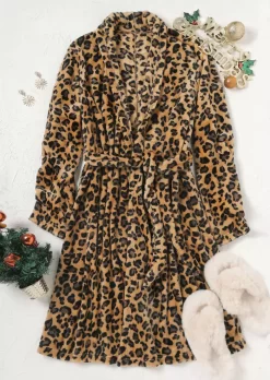 Fuzzy Leopard Pocket Long Sleeve Pajamas With Belt