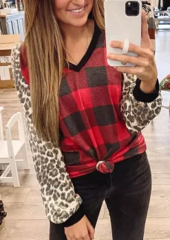 Buffalo Plaid Leopard V-Neck Long Sleeve Blouse