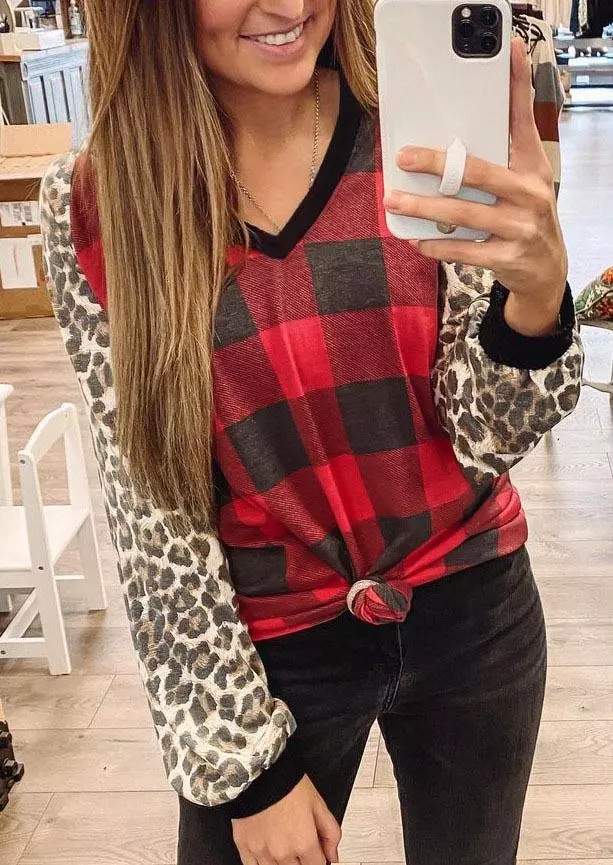 Buffalo Plaid Leopard V-Neck Long Sleeve Blouse 3 Buffalo Plaid Leopard V-Neck Long Sleeve Blouse