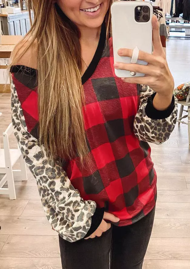 Buffalo Plaid Leopard V-Neck Long Sleeve Blouse 4 Buffalo Plaid Leopard V-Neck Long Sleeve Blouse - Image 2