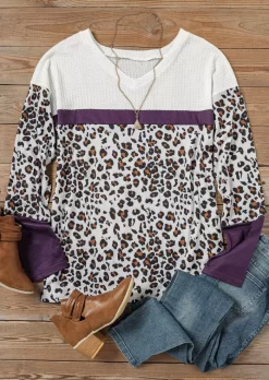 Leopard Color Block Waffle Splicing V-Neck Blouse 5 Leopard Color Block Waffle Splicing V-Neck Blouse -Garment Sale Store 518408 101505599 124