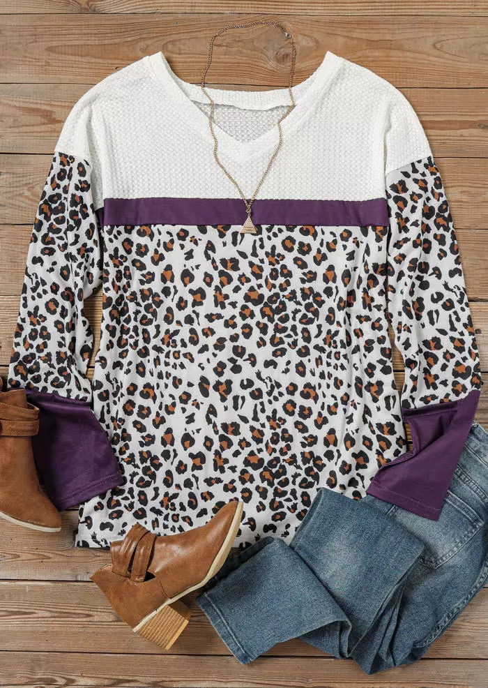 Leopard Color Block Waffle Splicing V-Neck Blouse 4 Leopard Color Block Waffle Splicing V-Neck Blouse - Image 2
