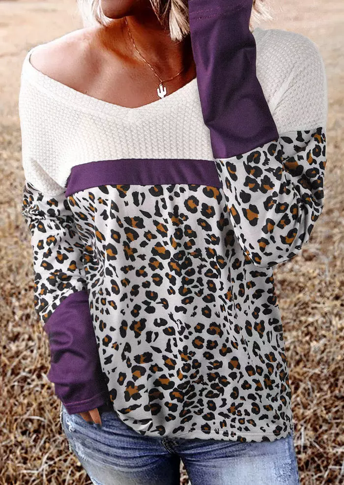 Leopard Color Block Waffle Splicing V-Neck Blouse 3 Leopard Color Block Waffle Splicing V-Neck Blouse