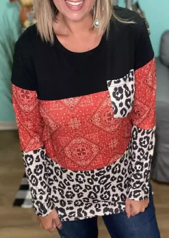 Leopard Pocket Color Block Splicing Long Sleeve Blouse