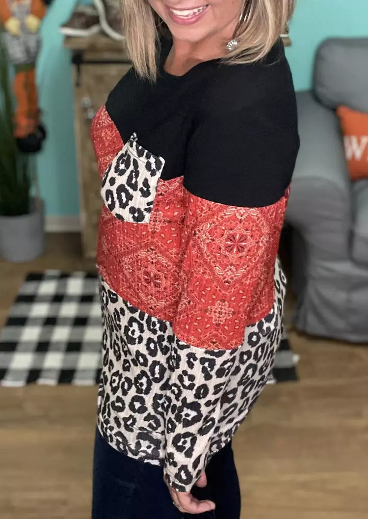 Leopard Pocket Color Block Splicing Long Sleeve Blouse 4 Leopard Pocket Color Block Splicing Long Sleeve Blouse - Image 2