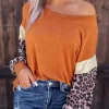 Leopard Splicing Long Sleeve Blouse - Orange -Garment Sale Store 518771 1 48999799 124