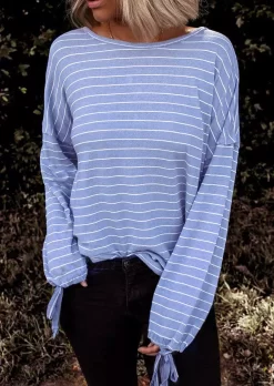 Striped Tie Long Sleeve Blouse - Blue