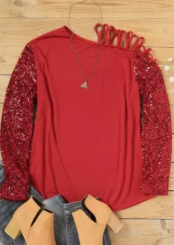 Glitter Shiny Criss-Cross One Shoulder Blouse - Red -Garment Sale Store 518910 2 A3024395810959 124