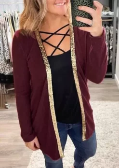 Splicing Long Sleeve Cardigan - Burgundy