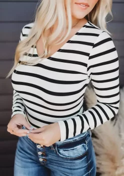 Striped Long Sleeve V-Neck Blouse