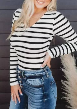 Striped Long Sleeve V-Neck Blouse -Garment Sale Store 519591 485610210 124