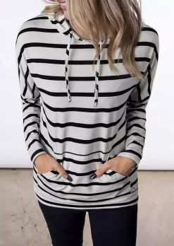 Striped Kangaroo Pocket Hoodie - White