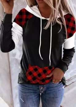 Plaid Color-Blocked Drawstring Kangaroo Pocket Hoodie