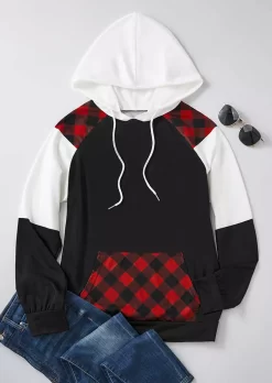 Plaid Color-Blocked Drawstring Kangaroo Pocket Hoodie -Garment Sale Store 520504 1 A1778262369547 124