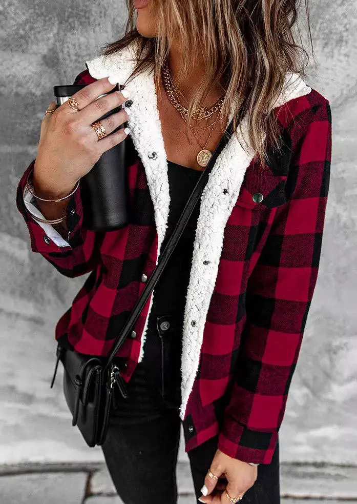 Plaid Pocket Button Turn-down Collar Coat - Red 4 Plaid Pocket Button Turn-down Collar Coat - Red - Image 2