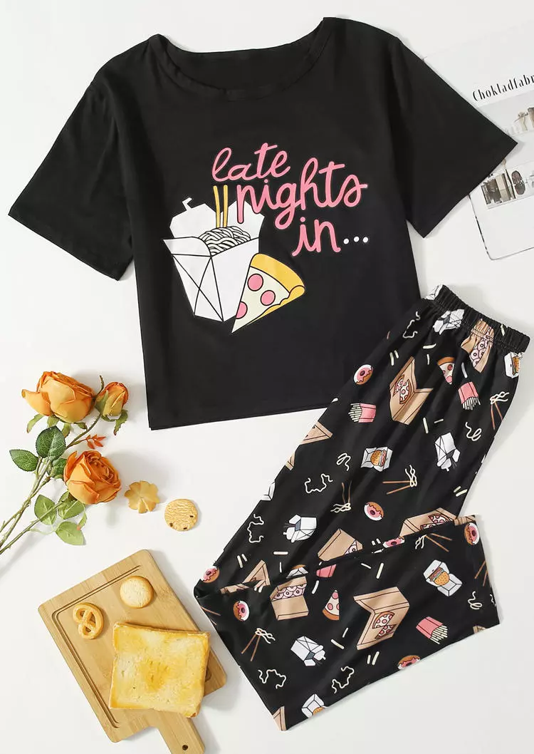 Late Night In T-Shirt Tee And Food Pants Pajama Set - Black 3 Late Night In T-Shirt Tee And Food Pants Pajama Set - Black