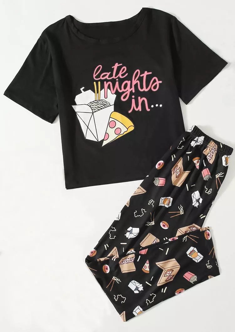 Late Night In T-Shirt Tee And Food Pants Pajama Set - Black 4 Late Night In T-Shirt Tee And Food Pants Pajama Set - Black - Image 2