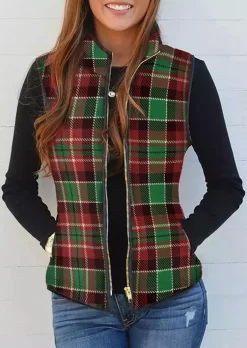 Plaid Zipper Pocket Sleeveless Vest Coat