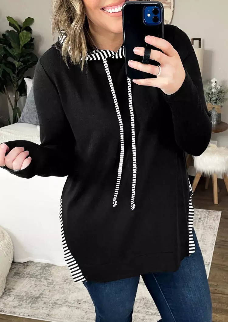Striped Splicing Slit Long Sleeve Hoodie - Black 3 Striped Splicing Slit Long Sleeve Hoodie - Black