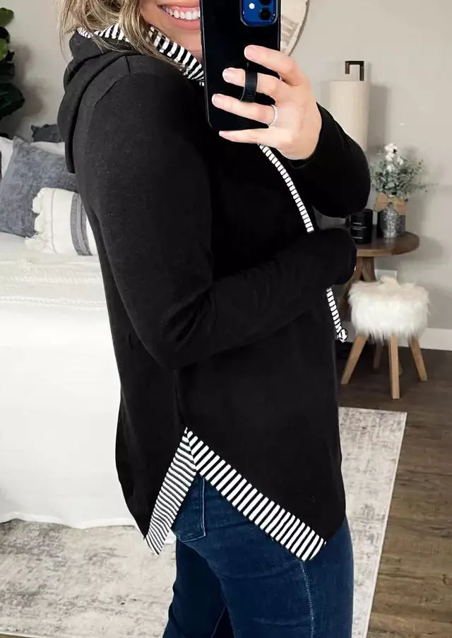 Striped Splicing Slit Long Sleeve Hoodie - Black 4 Striped Splicing Slit Long Sleeve Hoodie - Black - Image 2