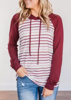 Colorful Striped Raglan Sleeve Hoodie - Burgundy
