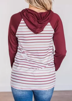 Colorful Striped Raglan Sleeve Hoodie - Burgundy -Garment Sale Store 522586 495557565 124