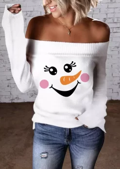Snowman Face Off Shoulder Sweater - White