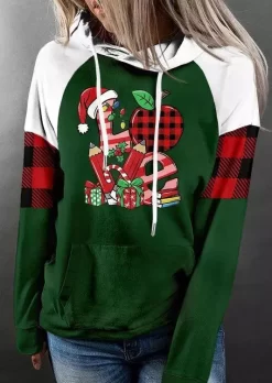 Plaid Love Kangaroo Pocket Hoodie - Green