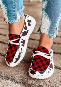 Cow Plaid Lace Up Sneakers - Red