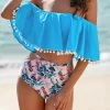 Tassel Floral Off Shoulder Cut Out Tankini Set - Blue -Garment Sale Store 526083 1 48484998 124