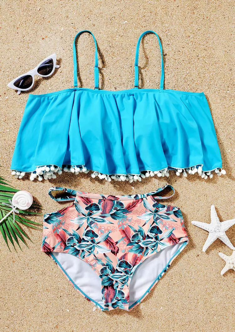 Tassel Floral Off Shoulder Cut Out Tankini Set - Blue 4 Tassel Floral Off Shoulder Cut Out Tankini Set - Blue - Image 2