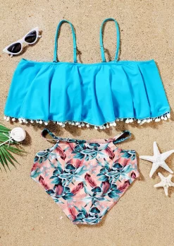 Tassel Floral Off Shoulder Cut Out Tankini Set - Blue 7 Tassel Floral Off Shoulder Cut Out Tankini Set - Blue -Garment Sale Store 526083 569897545 124