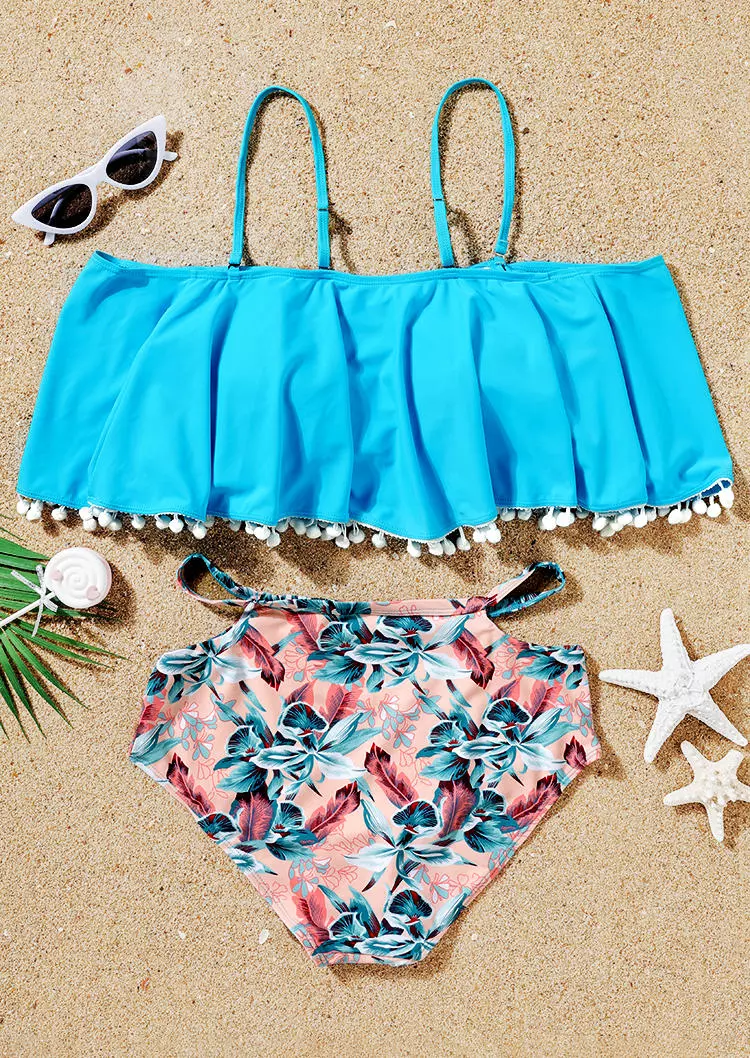 Tassel Floral Off Shoulder Cut Out Tankini Set - Blue 5 Tassel Floral Off Shoulder Cut Out Tankini Set - Blue - Image 3