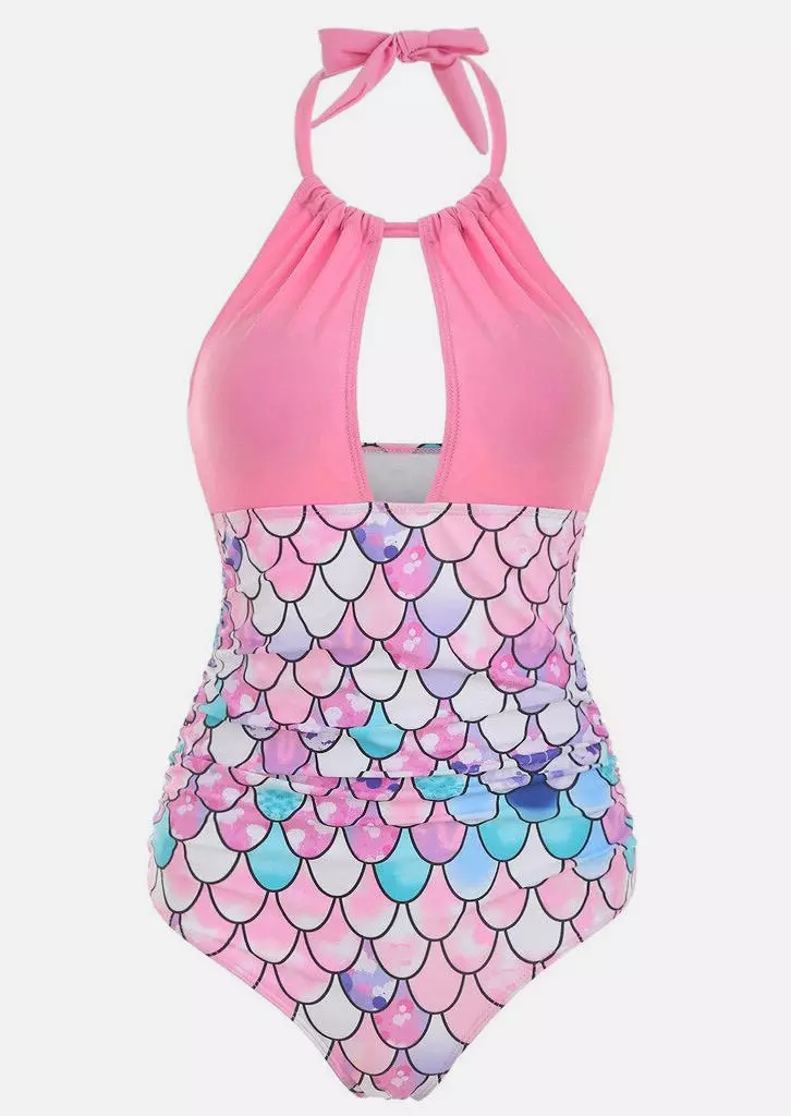 Mermaid Scales Halter Cut Out One-Piece Swimsuit - Pink 4 Mermaid Scales Halter Cut Out One-Piece Swimsuit - Pink - Image 2