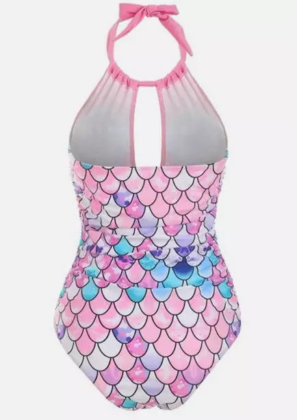 Mermaid Scales Halter Cut Out One-Piece Swimsuit - Pink 5 Mermaid Scales Halter Cut Out One-Piece Swimsuit - Pink - Image 3