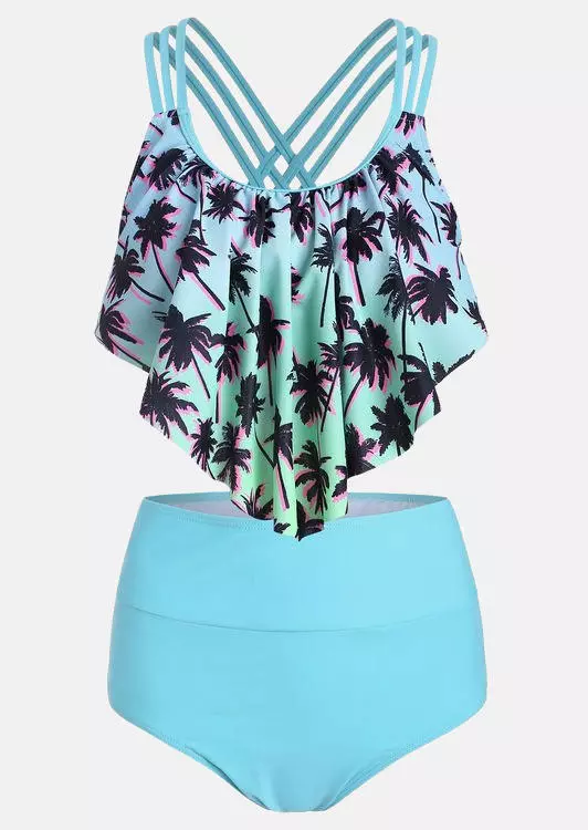 Criss-Cross Coconut Tree Tankini Set - Light Blue 4 Criss-Cross Coconut Tree Tankini Set - Light Blue - Image 2