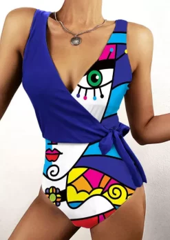 Abstract Face V-Neck One-Piece Swimsuit