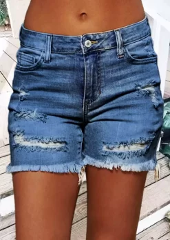 Ripped Hole Frayed Denim Shorts - Deep Blue