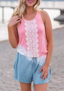 Lace Tie Dye Twist Open Back Drawstring Romper