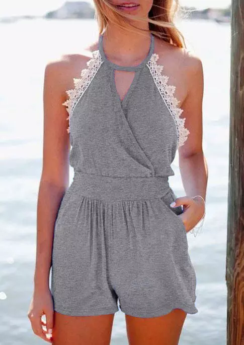 Lace Splicing Pocket Keyhole Neck Sleeveless Romper - Light Grey 5 Lace Splicing Pocket Keyhole Neck Sleeveless Romper - Light Grey - Image 3