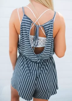 Striped Hollow Out Open Back Tie Romper Without Camisole