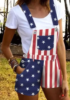 American Flag Pocket Overall Romper - Blue