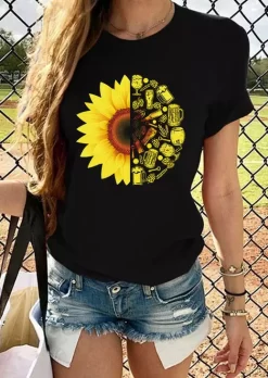Sunflower Drink O-Neck T-Shirt Tee - Black